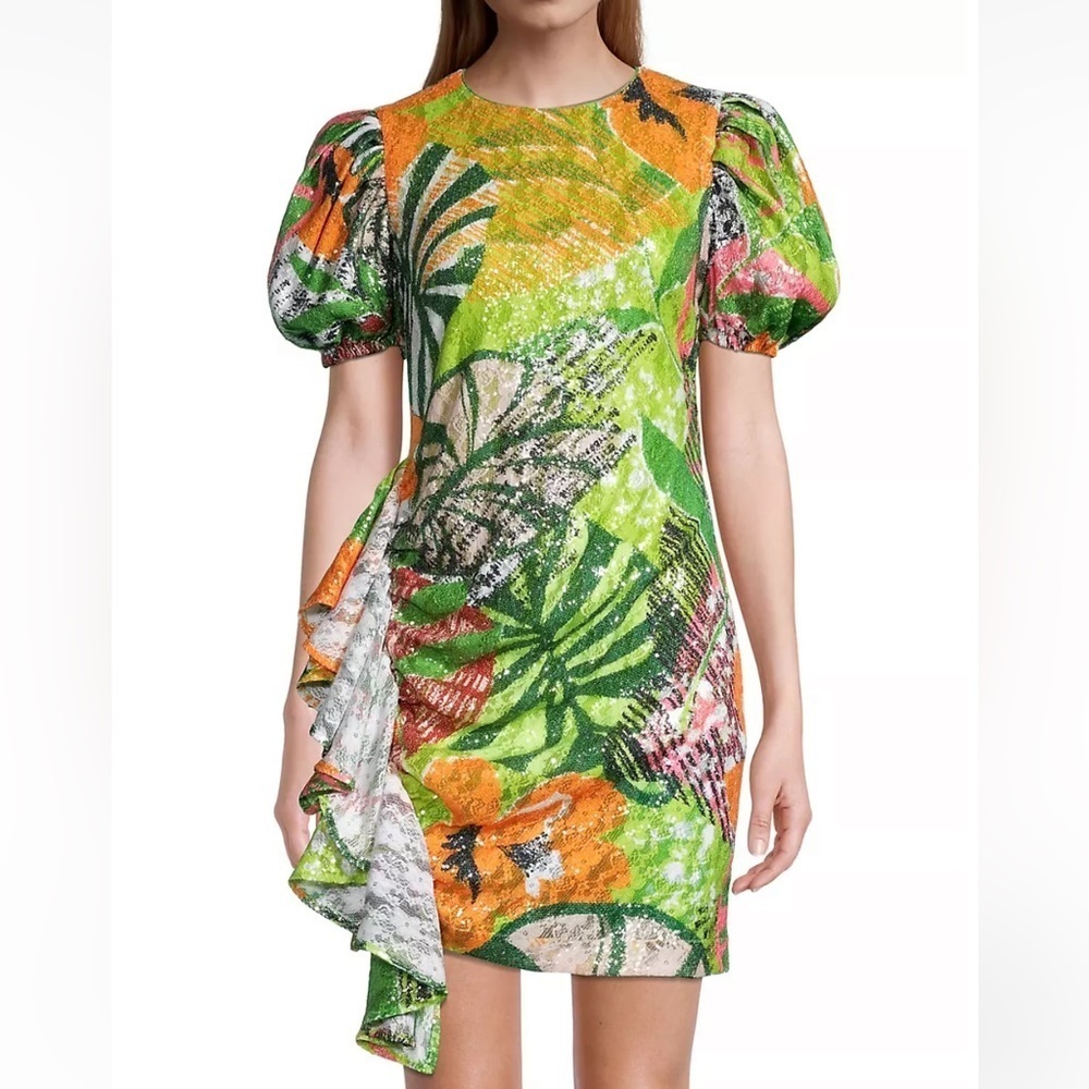 One33 Social Tropical Sequin Side Drape Puff Sleeve Mini Dress